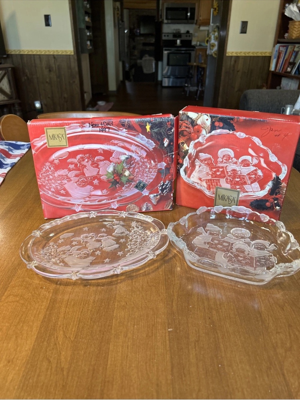 Two Mikasa Clear Glass Holiday Serving Platters